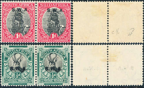 South West Africa - 1927 - 30 - ½d ovpt centred & 1d ovpt to top mint hinged horiz pairs .