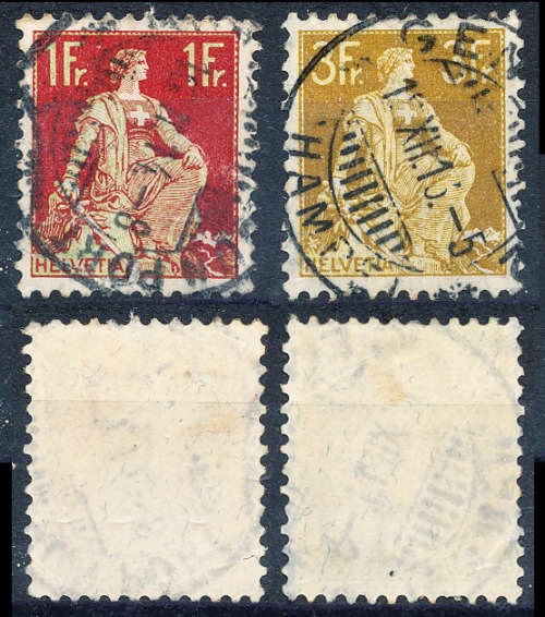 Switzerland - 1908-40 - 1F pale green, claret 3F pale yellow yellow ochre fine used SG 245-246