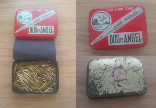 Gramaphone Needles - Early 1900`s Dog & Angel vintage gramaphone needles, in tin with contents .