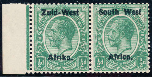 South West Africa - 1923 - Geo V - Ovpt. Type 1 - ½d green left marginal horiz pair u.m. - SACC 1