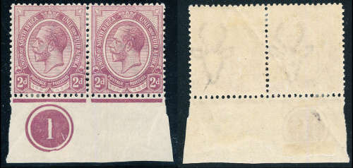 South Africa - 1913 - Geo V - 2d purple bott marginal no 1 horiz pair mint hinged light gum bend .