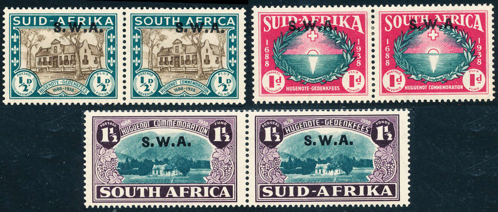 South West Africa - 1939 - Huguenots - set of 3 horizontal pairs fine mint - SACC 138-140