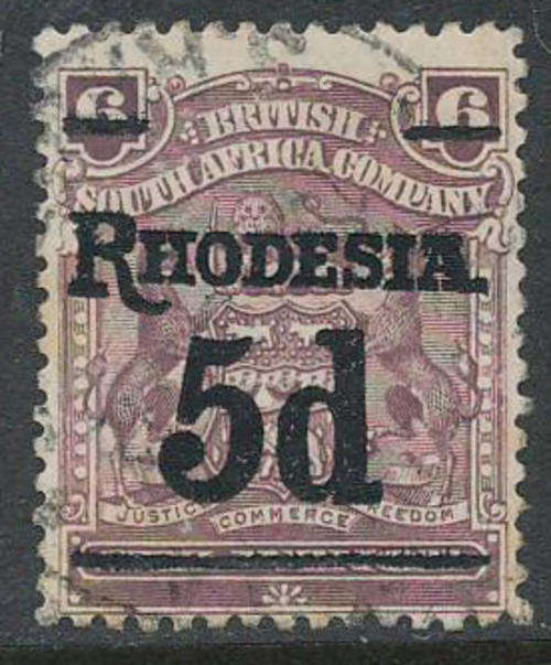Rhodesia - 1909-11 - Surch - 5d on 6d dull purple fine used (SACC 115, SG 114).