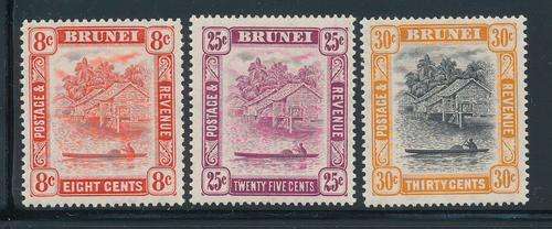 Brunei - 1947-51 - Colours Changed - 8c scarlet, 25c deep claret, 30c black orange fine mint.