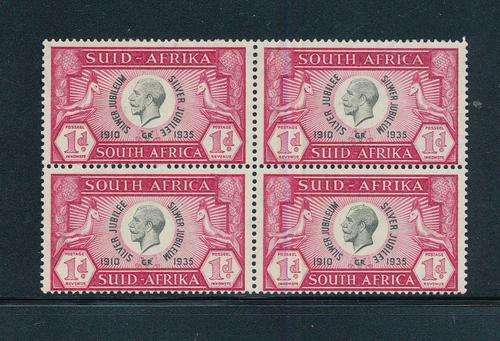 South Africa - 1935 - Silver Jubilee - 1d block of 4 variety cone on Kings head mint hinged.