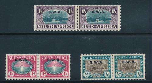 South West Africa - 1939 - Huguenots - set of 3 fine mint horiz pairs (SACC 138-140).