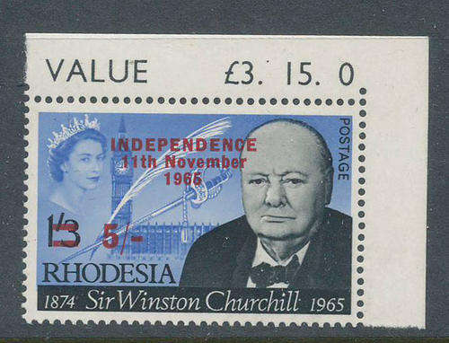 Rhodesia - 1966 - Independence Ovpts - 5s on 1s 3d (Churchhill) um. Top marginal single. (SG 373)
