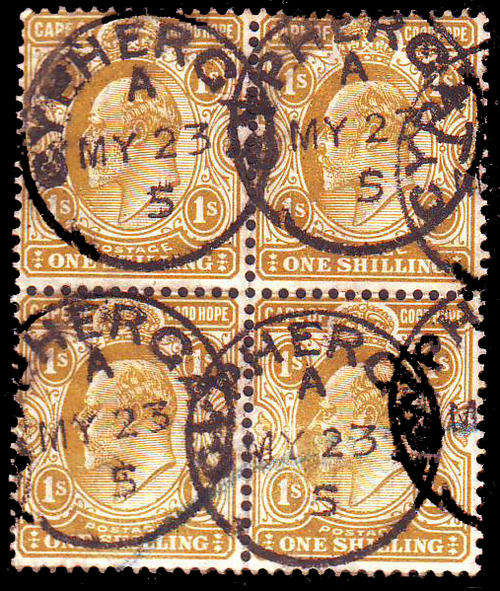 Cape of Good Hope - 1902 - 04 - 1s yellow-ochre used block of 4.