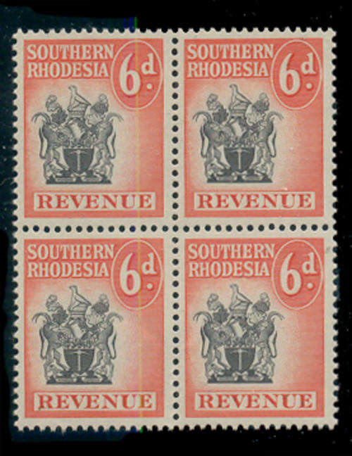 Southern Rhodesia Revenue Stamps - 1952 - Arms - 6d red & black mint unhinged block of 4.