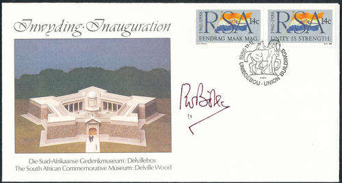 South Africa Official F.D.C's - 1986 - S.A Museum Delville Wood - cover signed by P.W. Botha.