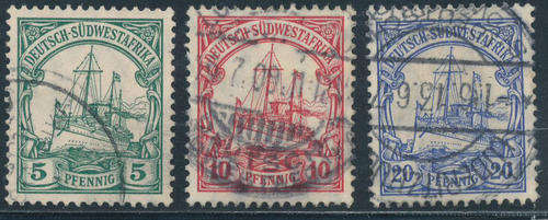South West Africa German Period - 1906-19 - Yacht Defins - 5, 10, 20 pfg fine used.