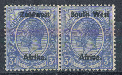 South West Africa - 1923 - Geo V Type 3 - 3d blue horiz pair mint hinged (SACC 18).