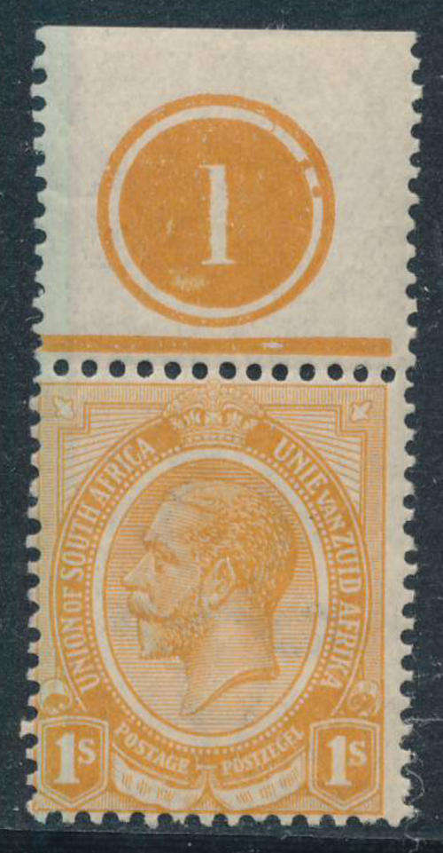 South Africa - 1913 - Geo V - 1s yellow-orange top marginal No.1 single fine mint (SACC 11a).