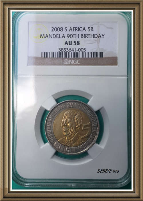 2008 Mandela 90th Birthday R5 Coin NGC Graded AU58