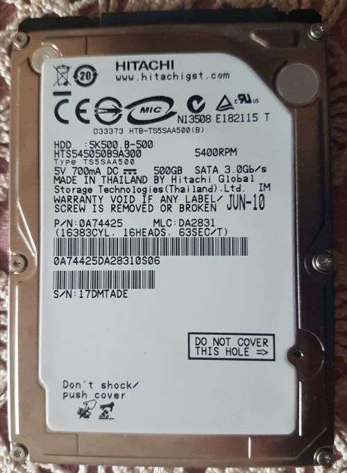 Hitachi laptop hard drive 500GB SATA 5400 rpm