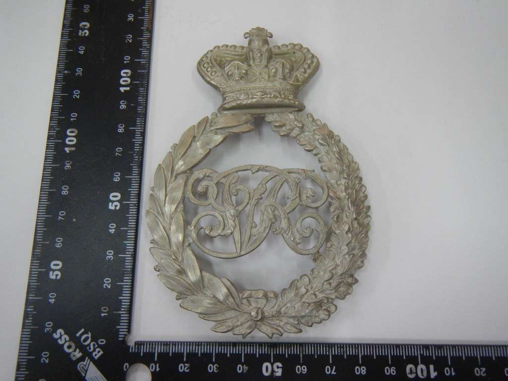 Cape rural police white metal helmet plate prior 1902 Queens crown - C Owen #1807