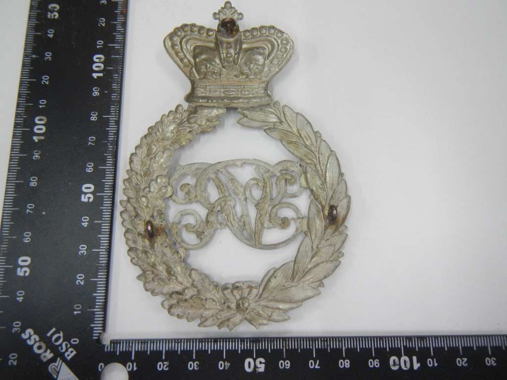 Cape rural police white metal helmet plate prior 1902 Queens crown - C Owen #1807