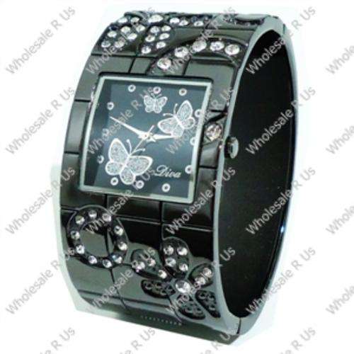 Ladies Crystal Accented Bangle Dress Watch with Crystal Accented Butterfly Face - Black