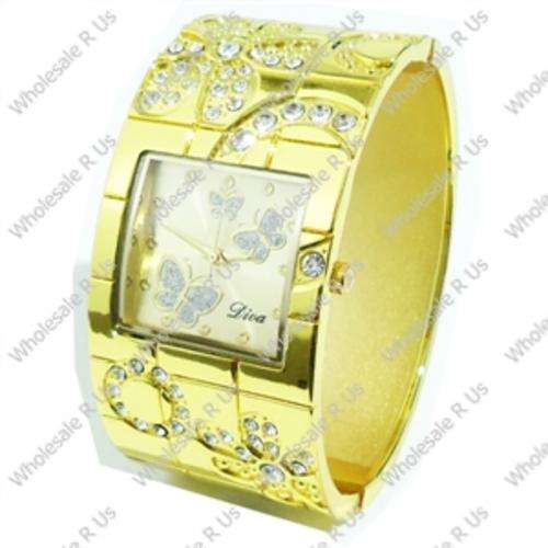 Ladies Crystal Accented Bangle Dress Watch with Crystal Accented Butterfly Face - Gold