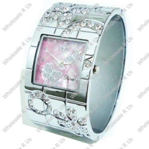Ladies Crystal Accented Bangle Dress Watch with Crystal Accented Butterfly Face - Silver