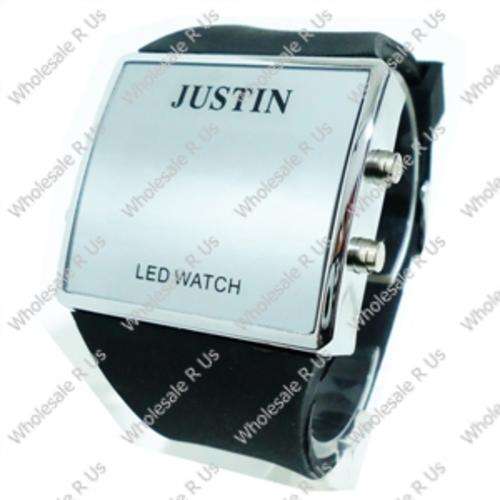 Unisex Black Silicone Band Mirror Face Red LED Wrist Watch