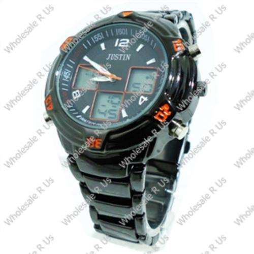 Gents Link Bracelet Watch with Illuminated Markers with Blue Light - Black