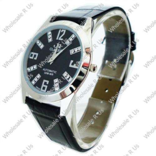 Gents Super Thin Crystal Accented Wrist Watch - Black Silver