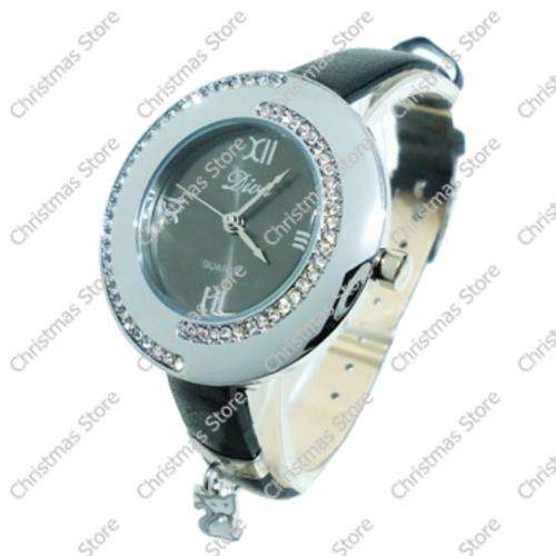 Ladies Wrist Watch with Accents Black Strap Silver Face