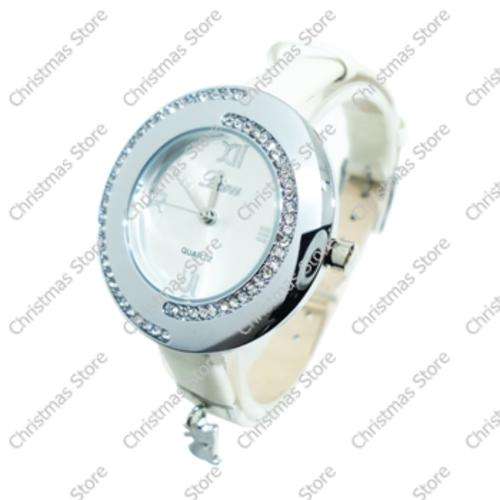 Ladies Wrist Watch with Accents White Strap Silver Face