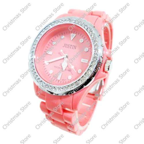 Super Lightweight Link Bracelet Wrist Watch With Crystal Accents Pink