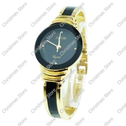Ladies Elegant Two-Tone Bracelet Watch Gold Black Black Face