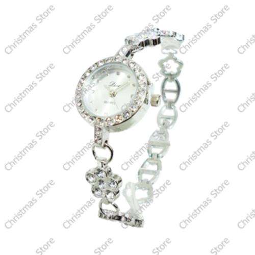 Ladies Bracelet Watch - Silver Strap Clear Flower Crystals Silver Face