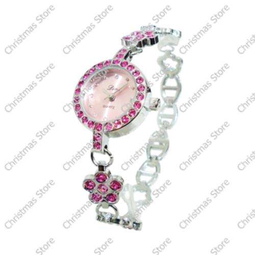 Ladies Bracelet Watch - Silver Strap Pink Flower Crystals Pink Face
