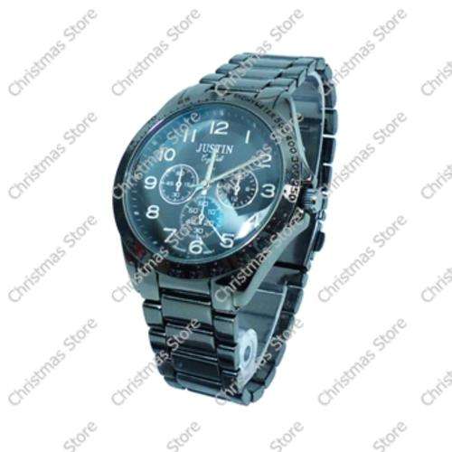 Gents Link Bracelet Wrist Watch - Black with Black Face Silver Dials