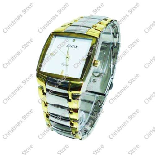 Gents Link Bracelet Wrist Watch Two Tone - Gold Silver with White Face