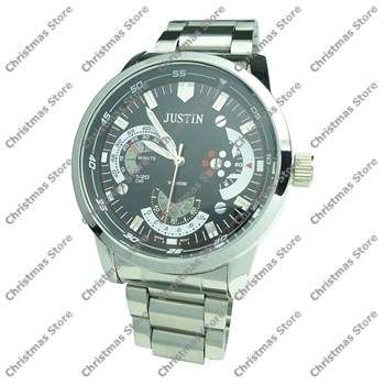 Mens Link Bracelet Watch Silver Links Black Face Silver Markers