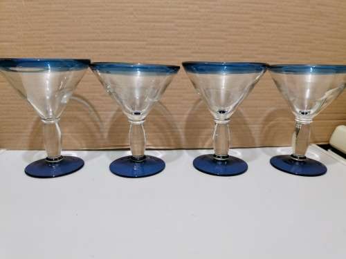 Stunning Set of 4 Thick Blue and Clear Glass Martini Glasses