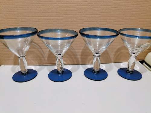 Stunning Set of 4 Thick Blue and Clear Glass Martini Glasses