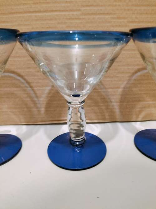 Stunning Set of 4 Thick Blue and Clear Glass Martini Glasses