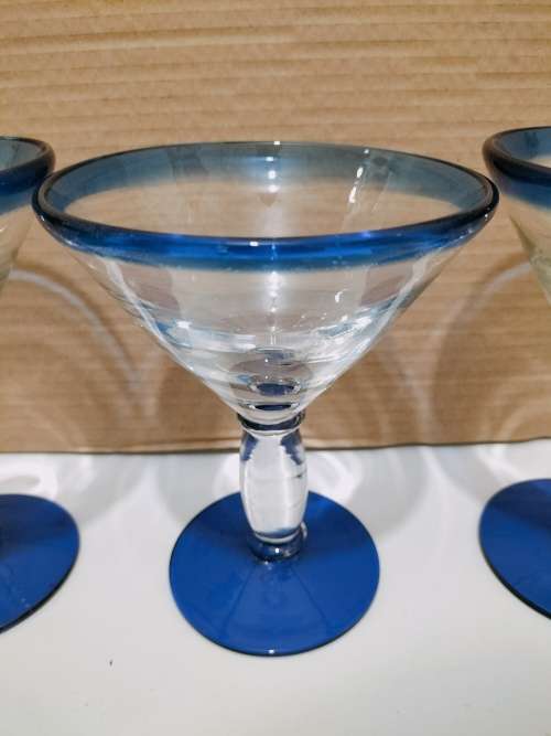 Stunning Set of 4 Thick Blue and Clear Glass Martini Glasses