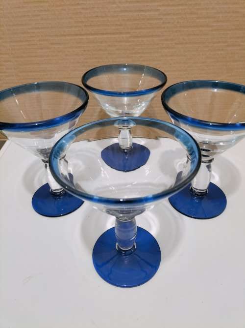 Stunning Set of 4 Thick Blue and Clear Glass Martini Glasses