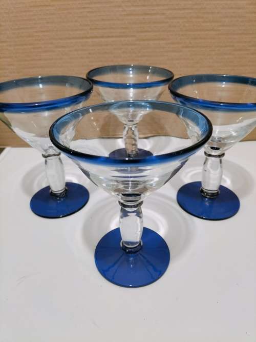 Stunning Set of 4 Thick Blue and Clear Glass Martini Glasses