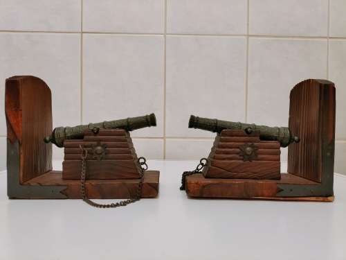 Set of 2 Vintage Cast Iron and Wood Canon Bookends