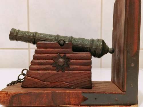 Set of 2 Vintage Cast Iron and Wood Canon Bookends