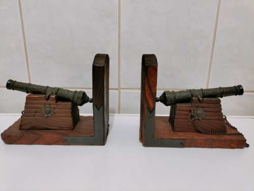 Set of 2 Vintage Cast Iron and Wood Canon Bookends