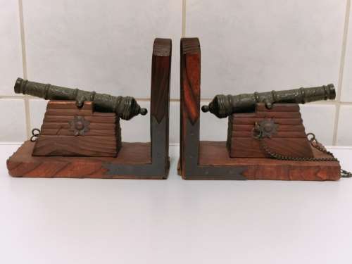 Set of 2 Vintage Cast Iron and Wood Canon Bookends