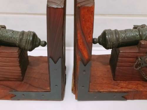 Set of 2 Vintage Cast Iron and Wood Canon Bookends