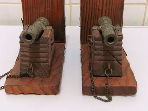 Set of 2 Vintage Cast Iron and Wood Canon Bookends