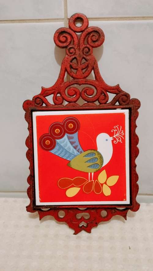 Vintage Cast Iron Trivet With Ceramic Tile