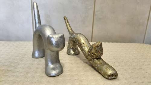 Pair Of Ceramic Gold And Silver Abstract Cats